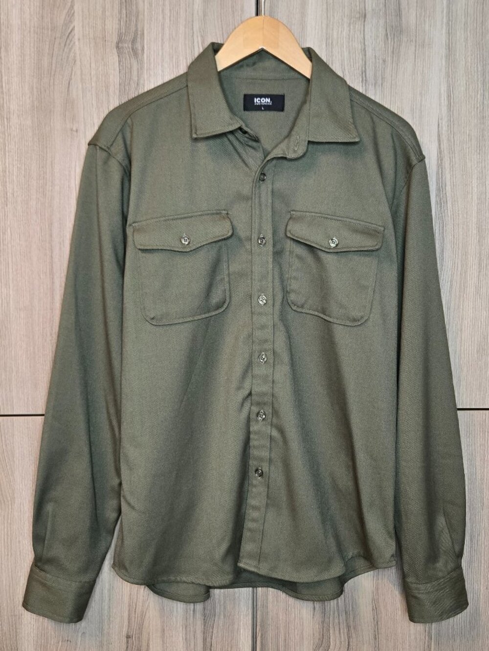 ICON Amsterdam Army Green Overshirt Jacket Mens Flap Pocket Weighty Feel L